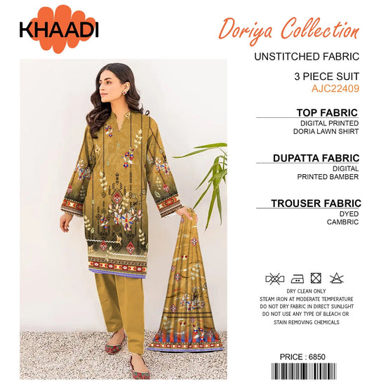 Khaadi Doriya Collection 3 Pcs Lawn | Unstitched Fabric Casual Wear - Shezlin Bazaar