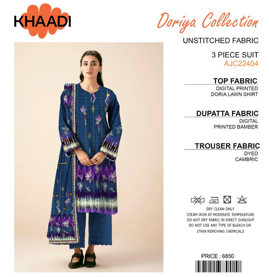 Khaadi Doriya Collection 3 Pcs Lawn | Unstitched Fabric Casual Wear - Shezlin Bazaar