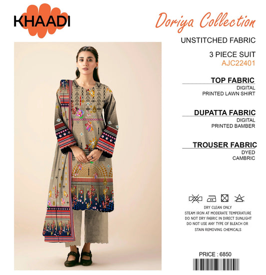 Khaadi Doriya Collection 3 Pcs Lawn | Unstitched Fabric Casual Wear - Shezlin Bazaar